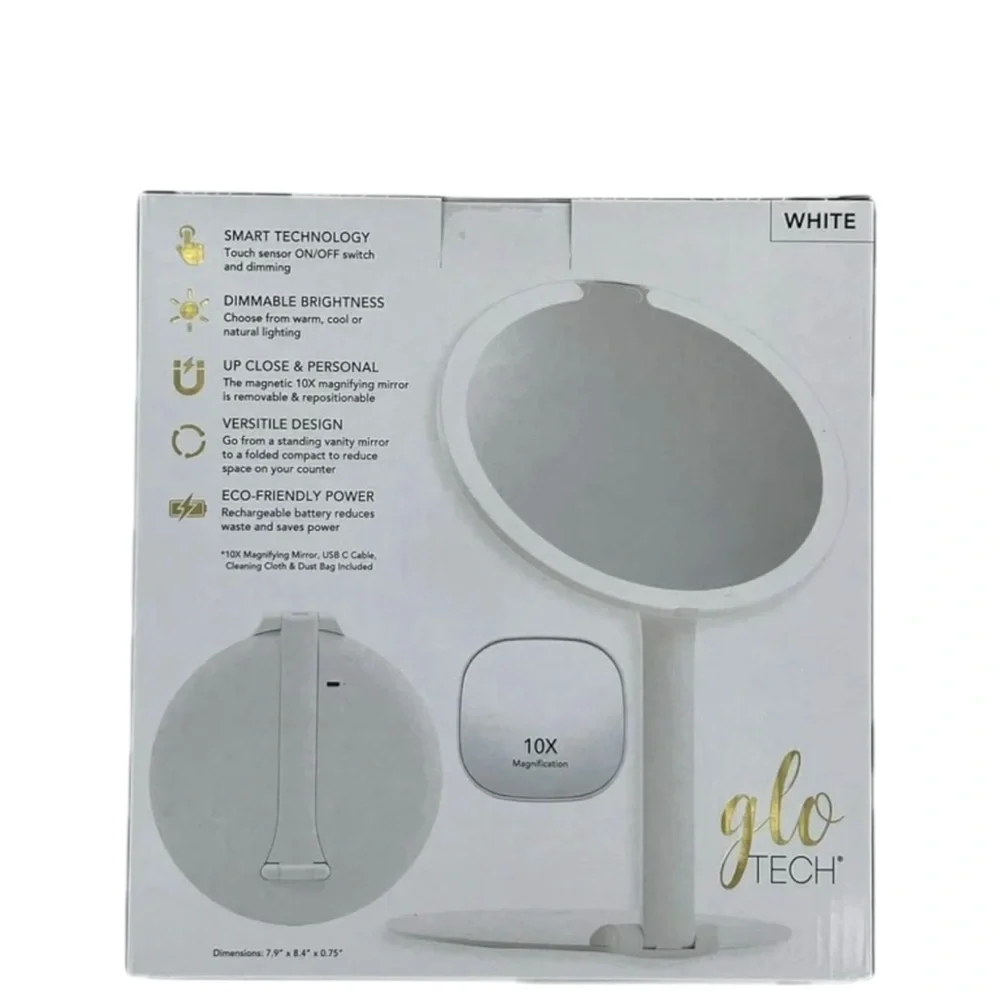 Glo-Tech Foldable Travel LED Mirror, 3 Light Settings, 10X Magnification